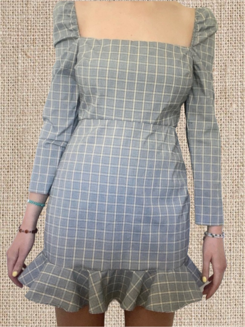 Nordstrom Light Blue Plaid Square-Neck Ruffle-Hem Mini Dress